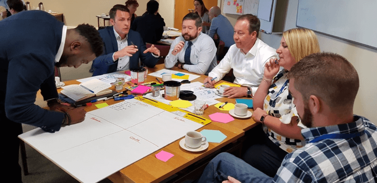 Delegates from different organisations collaborating on digital strategy at Northumbrian Water’s facilitated design sprint