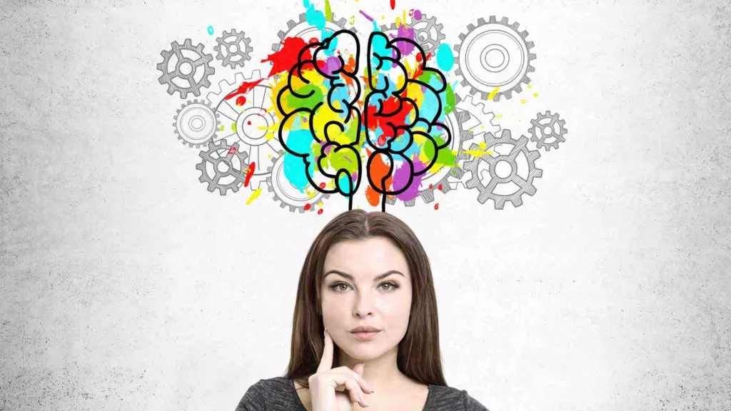 Woman engaged in whole brain thinking with brain illustration