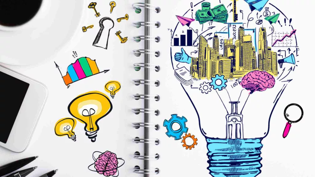 Decorative image. Notebook open to shpw doodles of lightbulbs and business ideas.