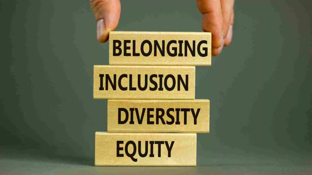 Wooden blocks printed with the words Belonging, Inclusion, Diversity, Equity