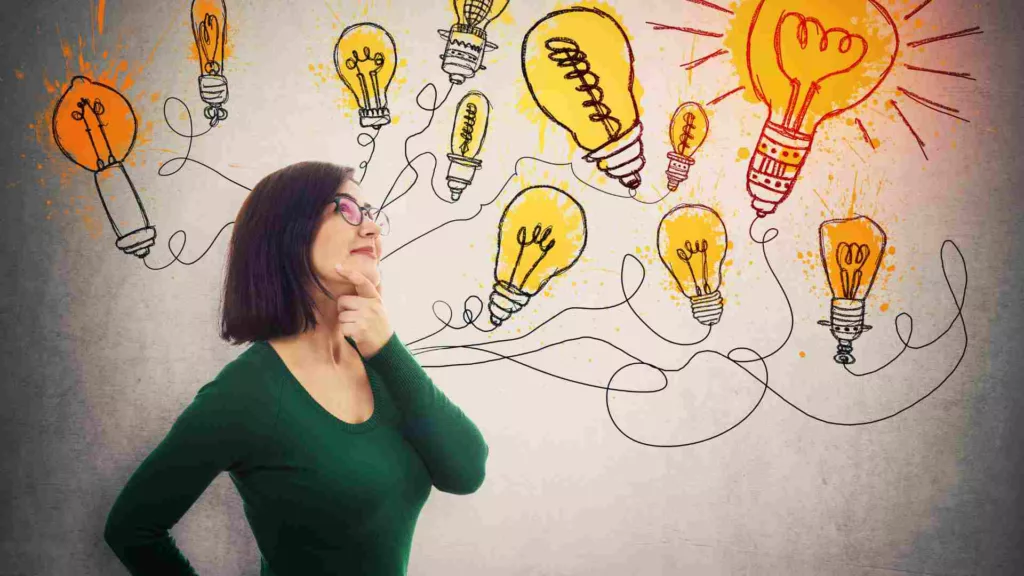 Business woman having ideas, illustrations of lightbulbs