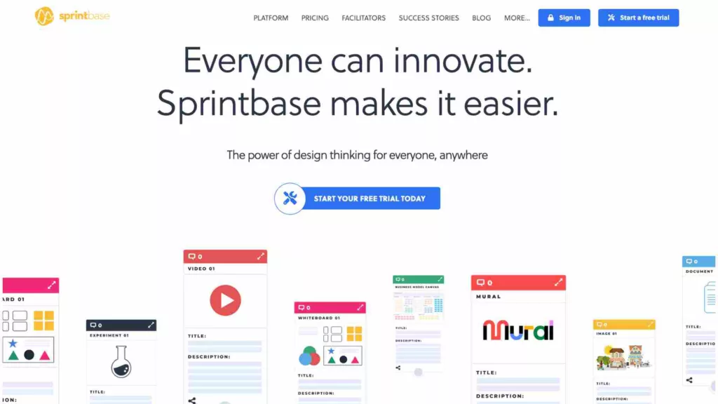 Sprintbase design thinking tool website homepage