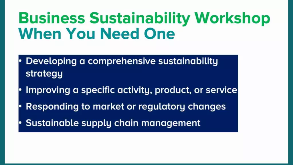 Slide with ext explaining when you need a business sustainability workshop