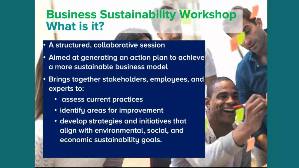 Slide defining what a business sustainability workshop is, decorative image with text
