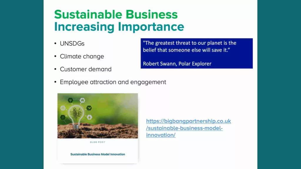 Slide with text explaining the importance of sustainability in business