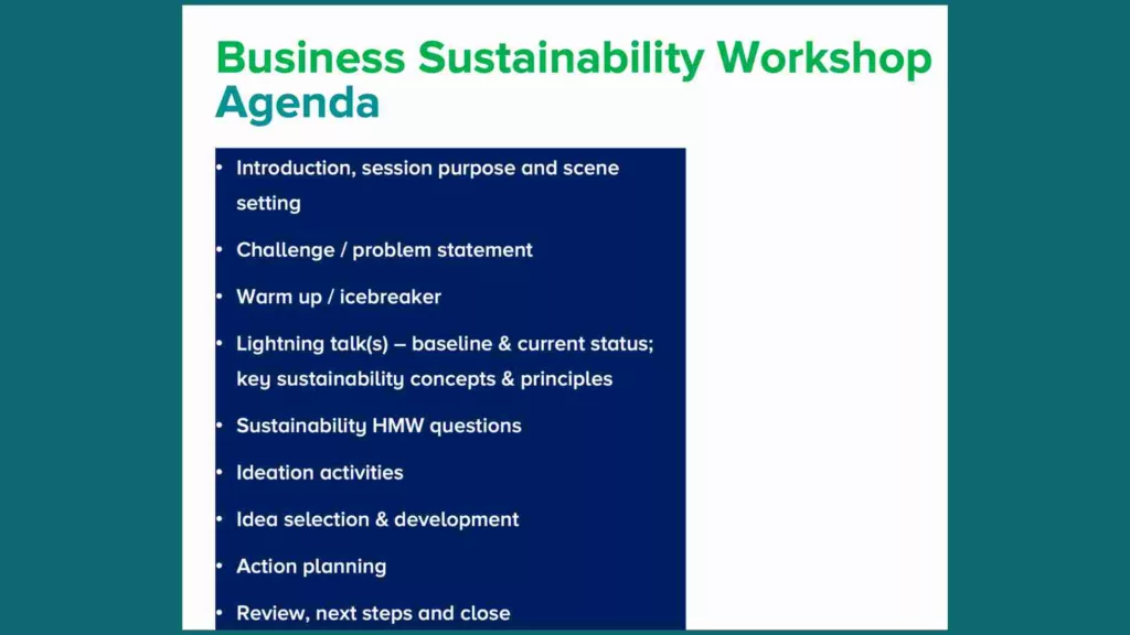text on slide to list business sustainability workshop agenda