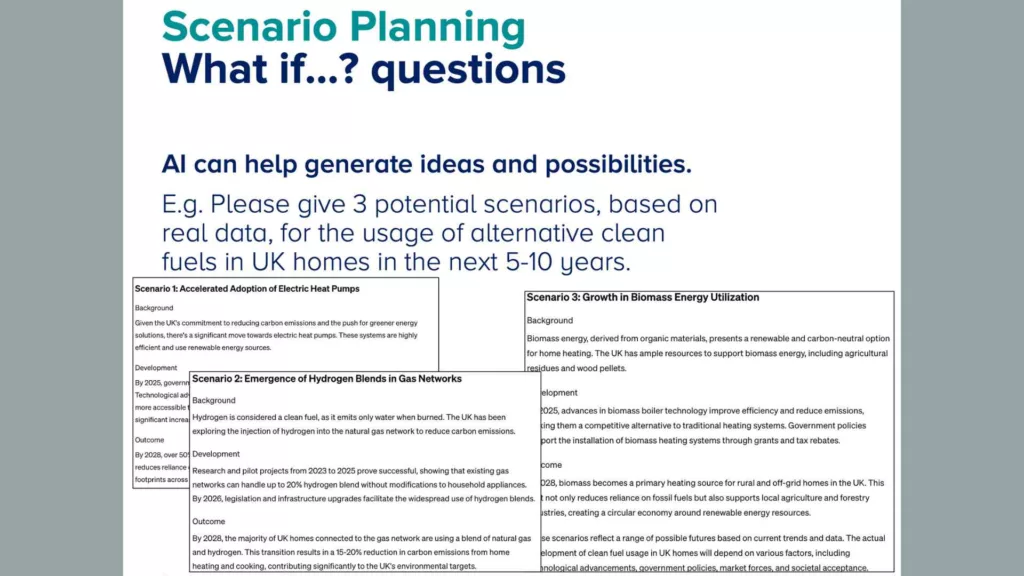 A presentation slide titled 'Scenario Planning - What if...? questions' with a white background. The slide poses the challenge: 'AI can help generate ideas and possibilities. E.g. Please give 3 potential scenarios, based on real data, for the usage of alternative clean fuels in UK homes in the next 5-10 years.' Below, three scenarios are outlined: 'Accelerated Adoption of Electric Heat Pumps', 'Emergence of Hydrogen Blends in Gas Networks', and 'Growth in Biomass Energy Utilization'. Each scenario includes a background, development, and outcome section with details on implementation and environmental impact.