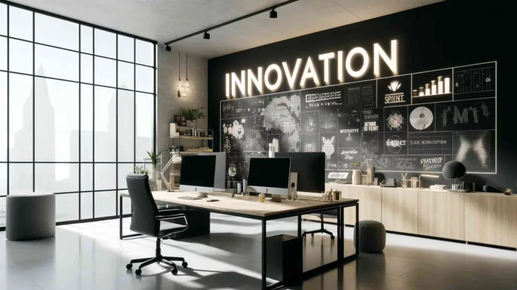 AI generated image of an office with Innovation moodboard on a wall, on a blackboard background
