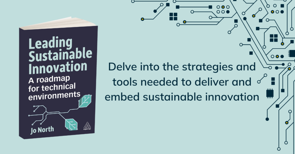 Book cover for Leading Sustainable Innovation with descriptive text