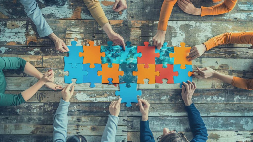 People collaborating to create a jigsaw by putting the pieces together