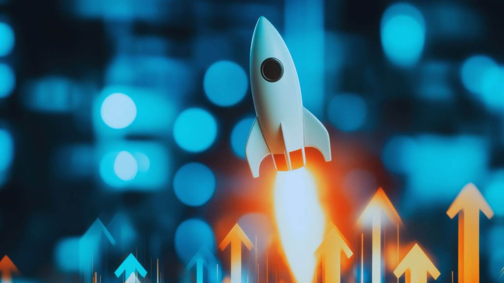 Illustration of a rocket on a background of arrows to represent accelerated innovation